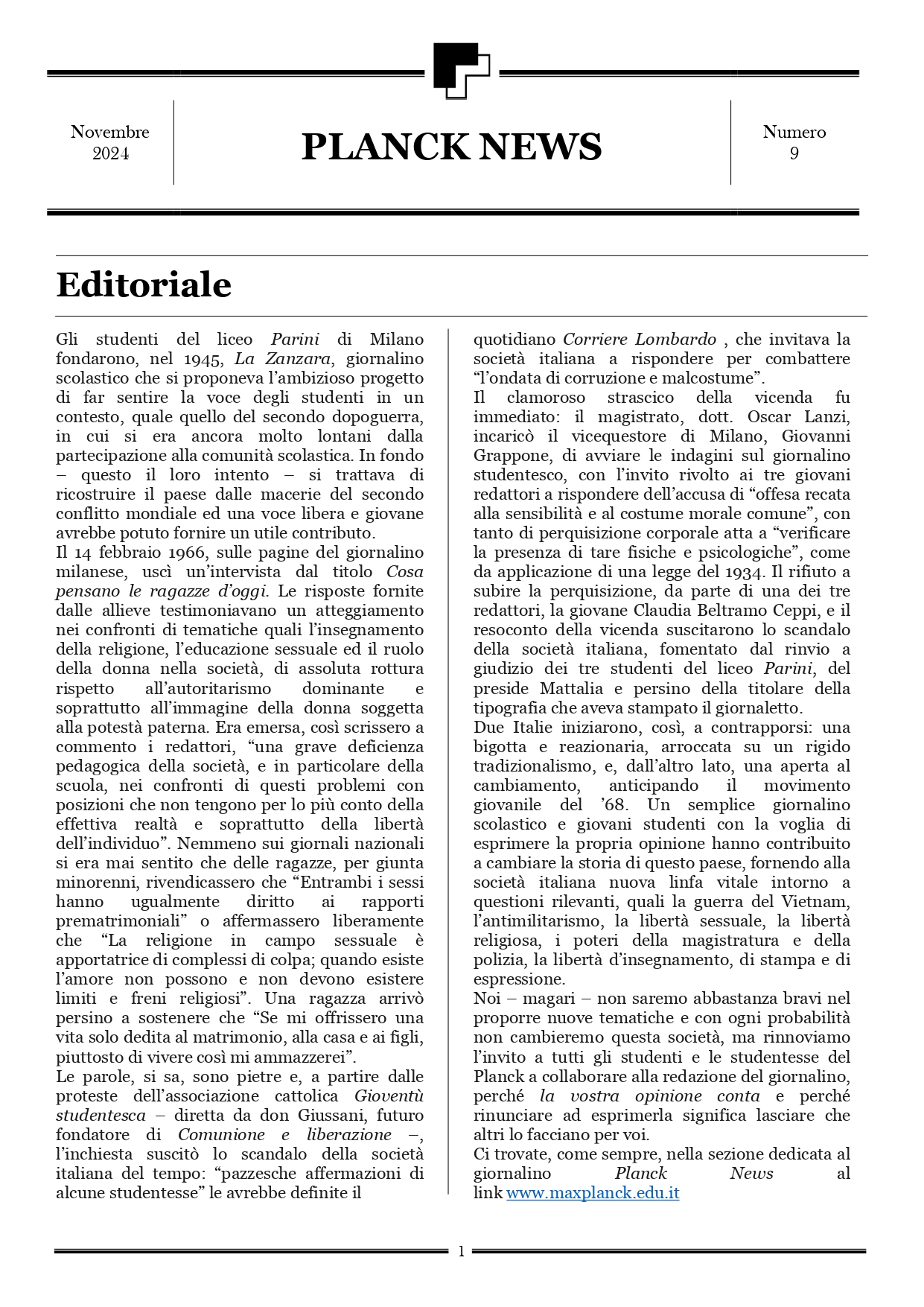 numero 9 Planck News Novembre 2024